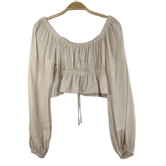 Hyfve Women Boho Babydoll Fairy Top Long Sleeve S Beige Crop Peasant Smocked - Picture 3 of 10